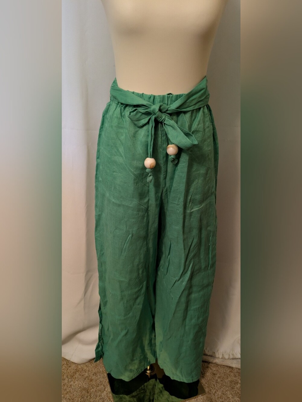 Elan Green Wide-Leg Linen Pants with Tie Waist WT